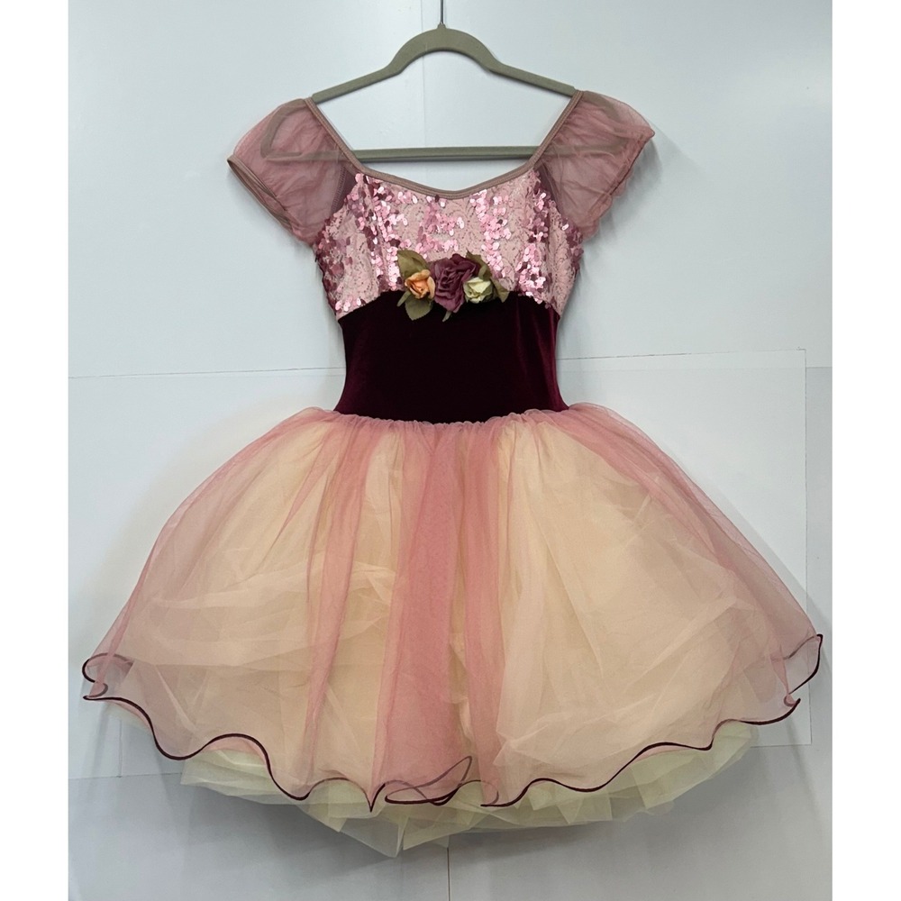 Curtain Call C494 Pink Burgundy Velvet Sequin Floral Tulle Dance Costume Small